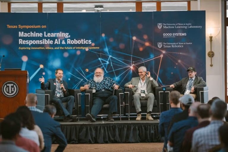 Computer Science department chair Peter Stone moderates a panel discussion about the future of AI, machine learning and robotics at the inaugural Texas Symposium on Machine Learning, Responsible AI, and Robotics. Seated next to him, left to right: Good Systems chair Ken Fleischmann, Texas Robotics director José del R. Millán and Machine Learning Lab director Adam Klivans.
