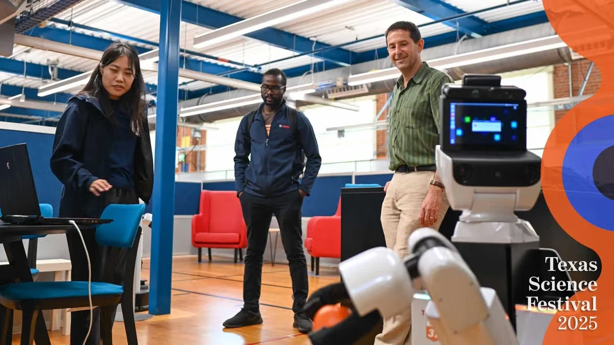 Illustration of an AI-powered classroom, featuring a teacher interacting with students using digital screens and robotic assistants.