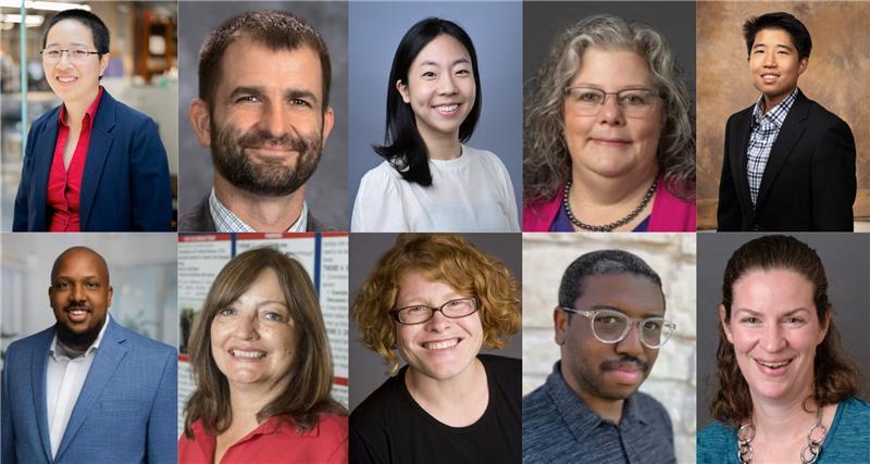 Clockwise, from top left: Lillian Chin (PI), Cockrell School of Engineering; Patrick Benfield (co-PI), College of Natural Sciences; Leah Chong (co-PI), Cockrell School of Engineering; Angela Standridge (Co-PI), School of Social Work; Jo Hsu (Co-PI), College of Liberal Arts; Emily Shryock (Co-PI), School of Social Work; DiMitri Higginbotham (Co-PI), College of Fine Arts; Alison Kafer (Co-PI), College of Liberal Arts; Sandy Magaña (Co-PI), School of Social Work; Earl Huff, Jr. (Co-PI), School of Information
