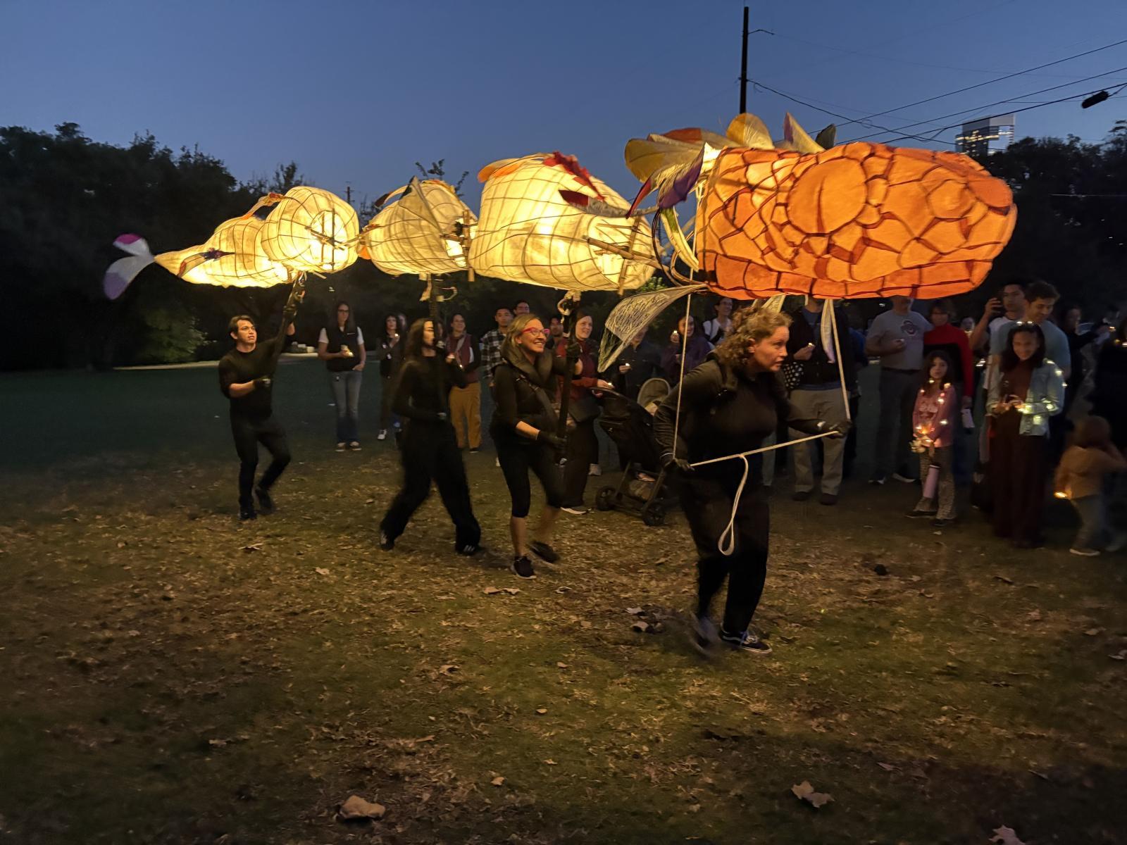 Action photo of one of Khristián Méndez Aguirre’s recent productions, “The Serpents Fly at Sundown,” which utilizes puppetry to gather stories from people who have survived natural disasters