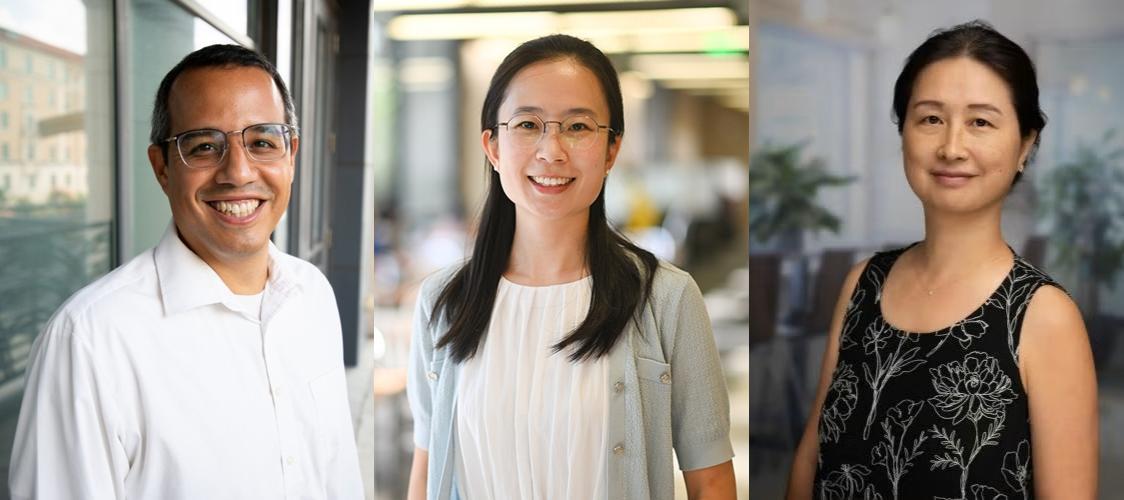 Left to right: Edward Castillo (PI) — Associate Professor, Biomedical Engineering, Cockrell School of Engineering; Hairong Wang (Co-PI) — Assistant Professor, Walker Department of Mechanical Engineering, Cockrell School of Engineering; Ying Ding (Co-PI) — Professor, School of Information