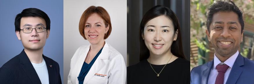 Headshots, left to right: Yuhao Kang (PI) — Assistant Professor, Department of Geography & the Environment, College of Liberal Arts; Lorie Harper (PI) — Professor, Department of Women’s Health, Dell Medical School;  Hyeun Ah Kang (Co-PI) — Assistant Professor of Health Outcomes, College of Pharmacy; Rajesh Reddy (Key Personnel) — Clinical Fellow, Maternal-Fetal Medicine, Dell Medical School