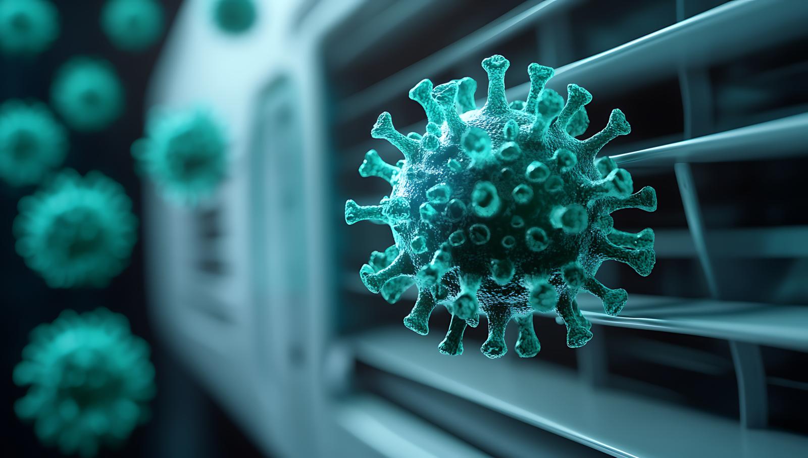 Microscopic view of virus particles near a ventilation system highlighting concerns about airborne transmission and indoor air quality (generated with AI)