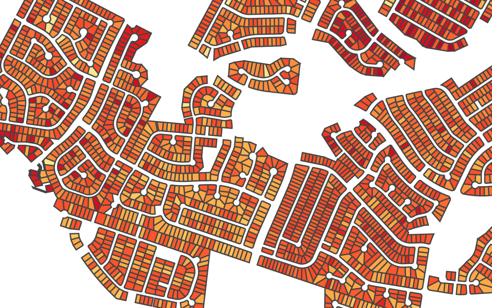 A map illustrating the average daily heat risk in a suburban Austin neighborhood, with dark red signifying higher risk and yellow lower risk