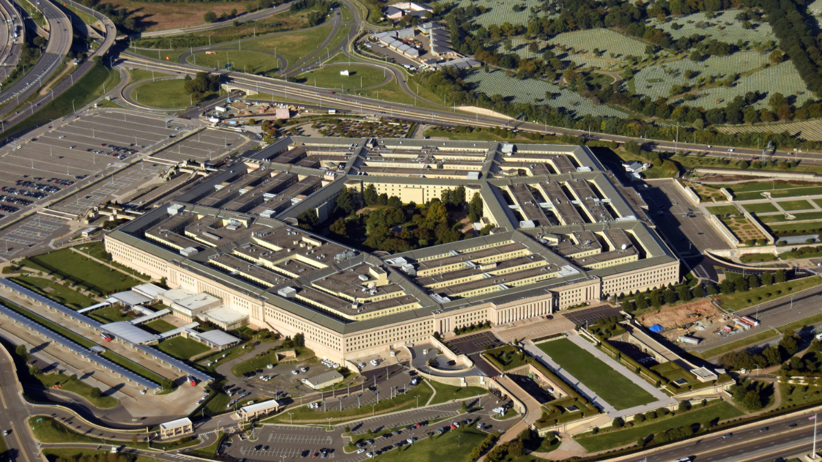 An aerial photo of the Pentagon, headquarters of the United States Department of Defense, in Arlington County, Virginia