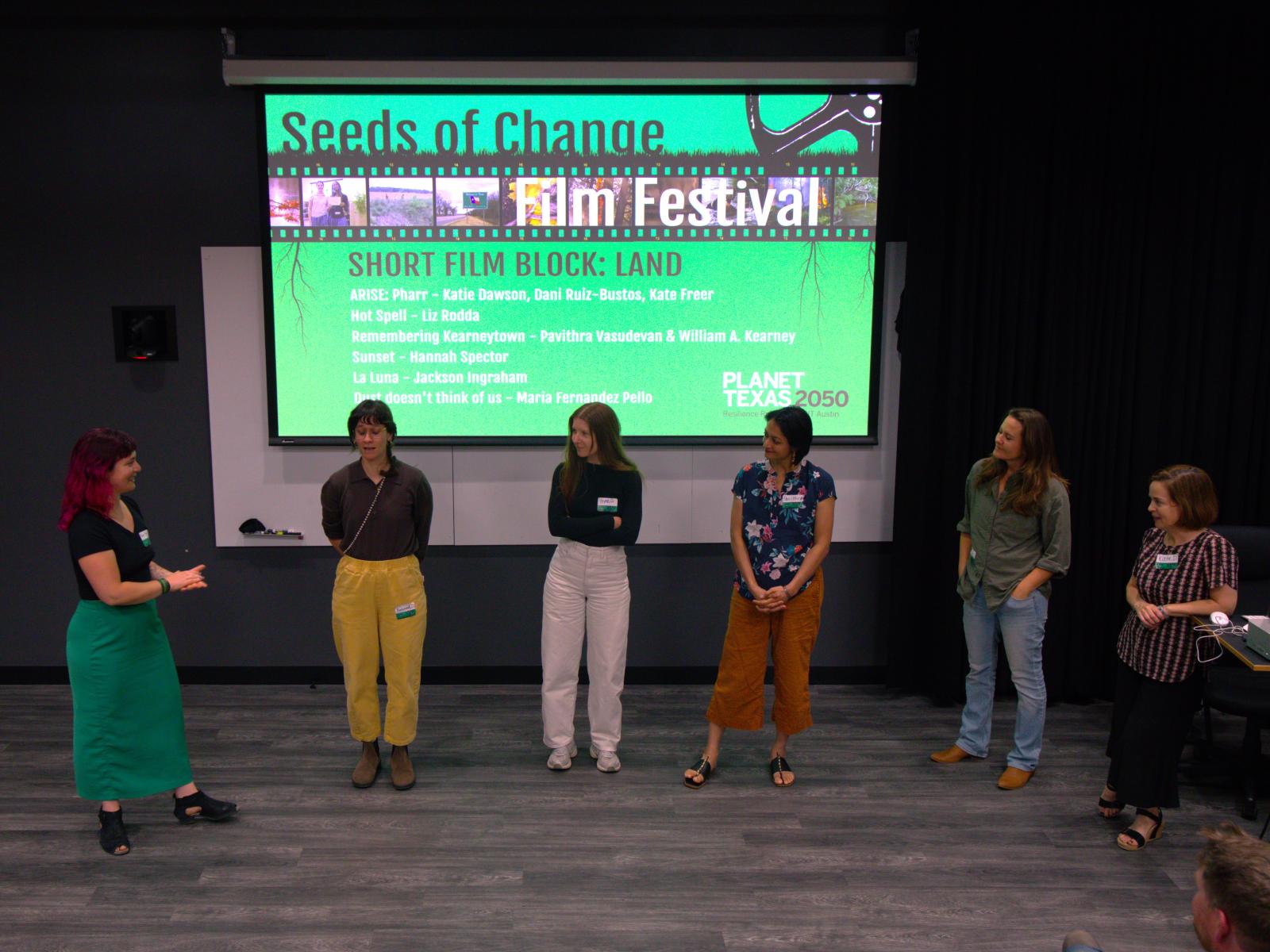 Kate Freer (left) leads a discussion with some of the filmmakers and collaborators. With Freer, from left to right: Hannah Spector (“Sunset”), Maria Fernandez Pello (“Dust Doesn’t Think of Us”), Pavithra Vasudevan (“Remembering Kearneytown”), Rachel Farrington (“La Luna”) and Katie Dawson (“ARISE: Pharr”).