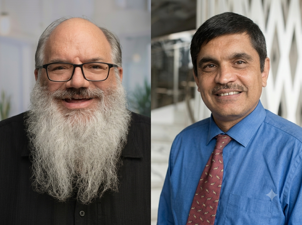 Side-by-side headshots of Ken Fleischmann (left) and Chandra Bhat (right)