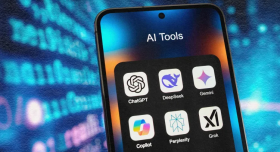 A smartphone screen displays a folder labeled "AI Tools," containing six app icons: ChatGPT, DeepSeek, Gemini, Copilot, Perplexity, and Grok. The background is blurred with a blue digital code-like pattern.