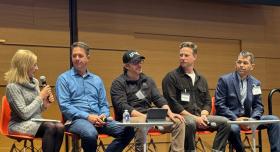 Good Systems’ Sherri Greenberg (left), an Austin AI Alliance board member, moderates a panel discussion at the Alliance’s State of AI in Austin event in February.