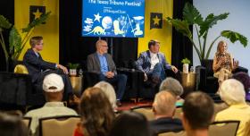 From left: Texas Tribune reporter Paul Cobler speaks with Chris Hyams, board member, Guardrails Alliance; U.S. Rep. Jodey Arrington, R-Lubbock; and Sherri Greenberg, assistant dean, LBJ School of Public Affairs. during a panel discussion at The Texas Tribune Festival 2026 on Saturday, Sept. 26, 2026. Photo credit: Leila Saidane for The Texas Tribune