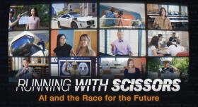 Promotional graphic for the Ethics Unwrapped documentary "Running with Scissors: AI and the Race for the Future"