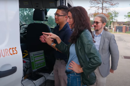Planet Texas 2050 chair Paola Passalacqua (center), in a scene from a video about the Urban Integrated Field Lab Southeast Texas (SETx-IFL) project. Credit: UT Austin