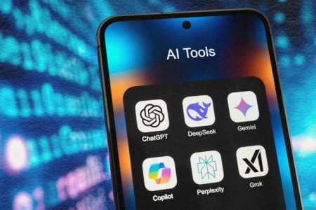 A smartphone screen displays a folder labeled "AI Tools," containing six app icons: ChatGPT, DeepSeek, Gemini, Copilot, Perplexity, and Grok. The background is blurred with a blue digital code-like pattern.