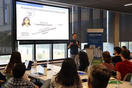 Brad Knox, a research associate professor in the Department of Computer Science, discusses AI alignment at Good Systems' annual research kickoff event, on September 26, 2025, at The University of Texas at Austin.