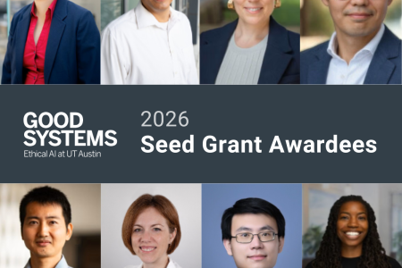 Head shots of the eight PIs from the six teams awarded Good Systems seed grants. Clockwise from upper left: Lillian Chin, Cockrell School of Engineering; Edward Castillo, Cockrell School of Engineering; Lidia Cano Pecharromán, School of Architecture; ChangHoon Hahn, College of Natural Sciences; Angela Smith, School of Information; Yuhao Kang, College of Liberal Arts; Lorie Harper, Dell Medical School; Zhaomiao Guo, Cockrell School of Engineering.