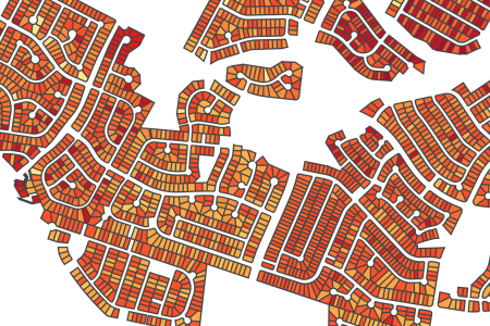 A map illustrating the average daily heat risk in a suburban Austin neighborhood, with dark red signifying higher risk and yellow lower risk