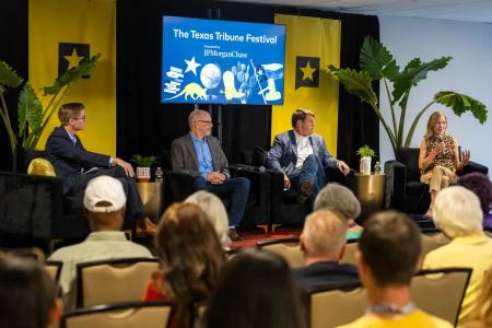 From left: Texas Tribune reporter Paul Cobler speaks with Chris Hyams, board member, Guardrails Alliance; U.S. Rep. Jodey Arrington, R-Lubbock; and Sherri Greenberg, assistant dean, LBJ School of Public Affairs. during a panel discussion at The Texas Tribune Festival 2026 on Saturday, Sept. 26, 2026. Photo credit: Leila Saidane for The Texas Tribune