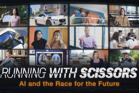 Promotional graphic for the Ethics Unwrapped documentary "Running with Scissors: AI and the Race for the Future"