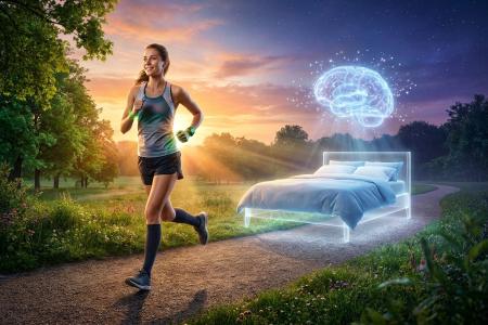 AI-generated image of a woman smiling and running on a path. Behind her is a ghostly image of a queen-size bed with a human brain hovering above it, spraying "rays" onto the bed.
